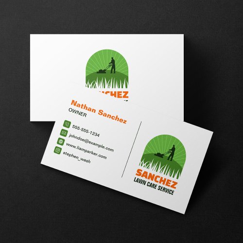 Professional Green  Orange Lawn Care Mowing Business Card