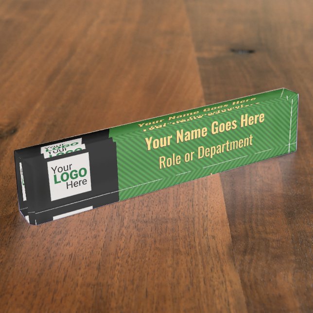 Professional Green Stripe + your details and logo Desk Name Plate (Side)