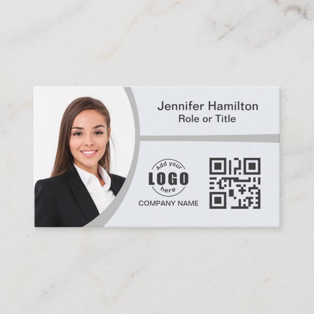 Professional Grey add your Logo QR Code Photo Business Card (Front)