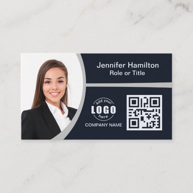 Professional Grey add your Logo QR Code Photo Business Card (Front)