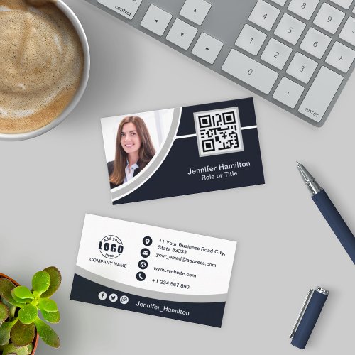 Professional Grey add your Logo QR Code Photo Business Card