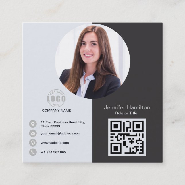 Professional Grey add your Photo QR Code Square Bu Business Card (Front)