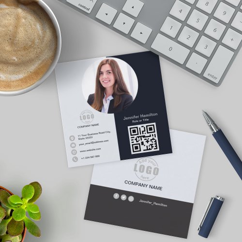 Professional Grey add your Photo QR Code Square Business Card