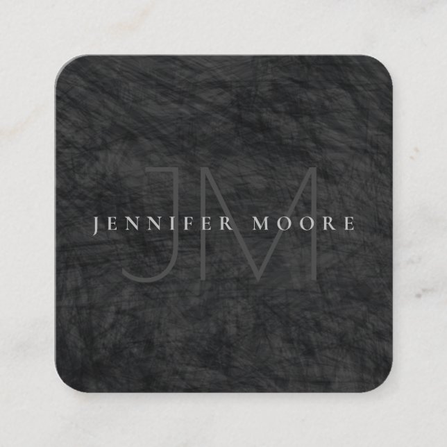 Professional Grey Black Scrabbled Monogrammed Square Business Card (Front)