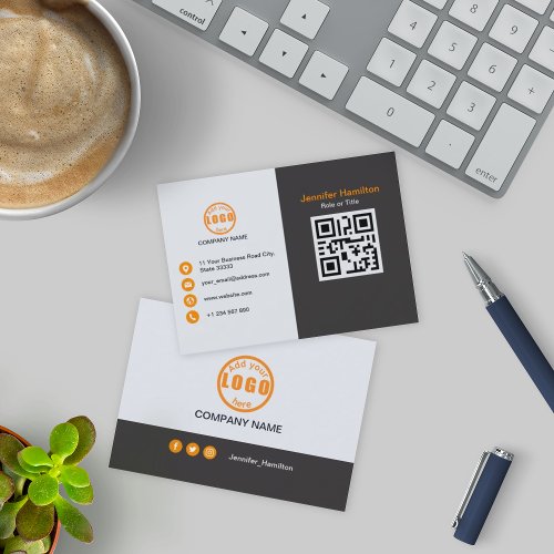 Professional Grey Orange add your Logo QR Code Business Card