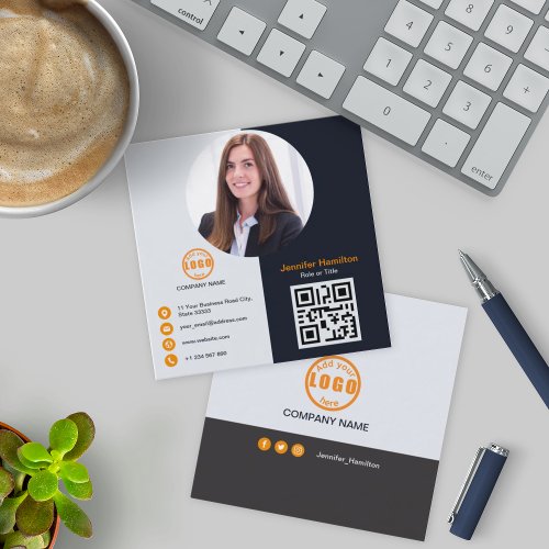 Professional Grey Orange add your Photo QR Code Square Business Card