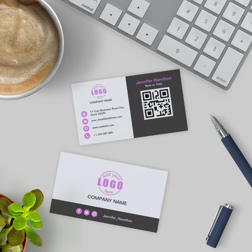 Professional Grey Purple add your Logo QR Code  Business Card