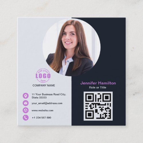Professional Grey Purple add your Photo QR Code Square Business Card