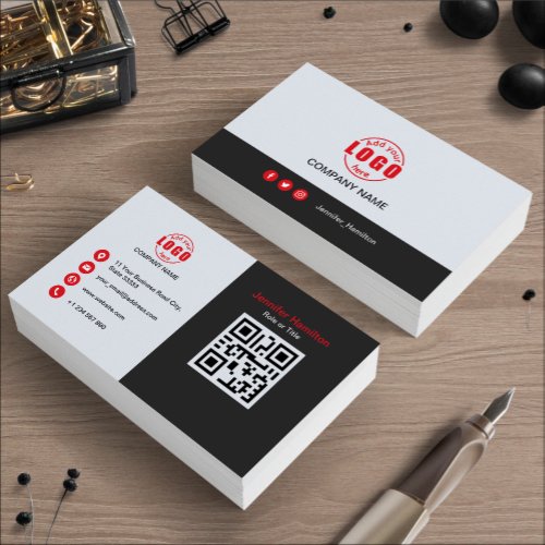 Professional Grey Red add your Logo QR Code Business Card