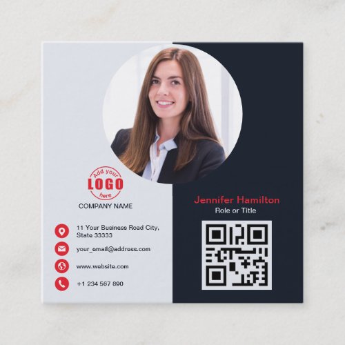 Professional Grey Red add your Photo QR Code Square Business Card