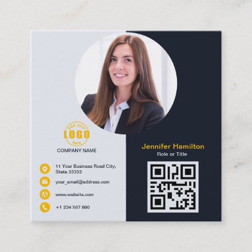 Professional Grey Yellow add your Photo QR Code Square Business Card