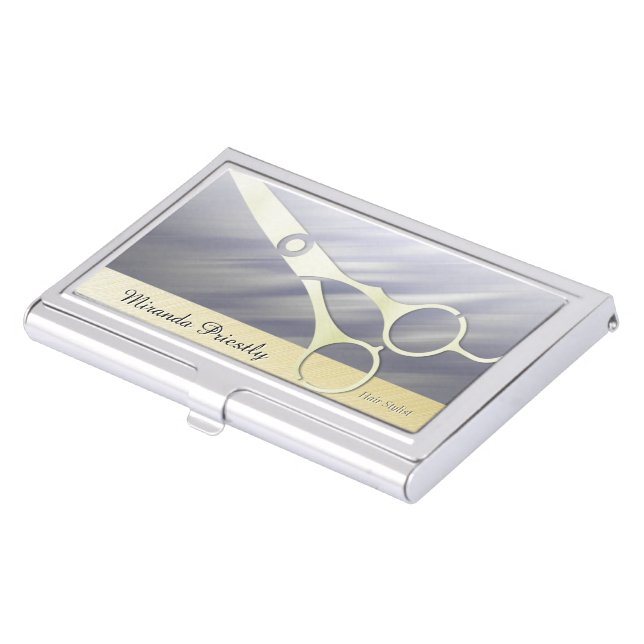 Professional Hair Stylist Elegant Gold Scissors Business Card Case (Front)