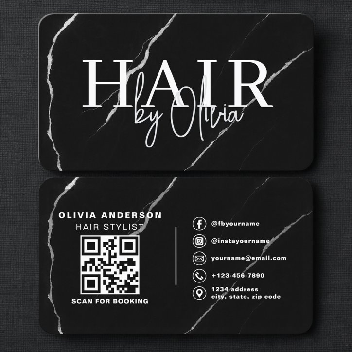 Professional Hair Stylist Silver Black QR Code Business Card