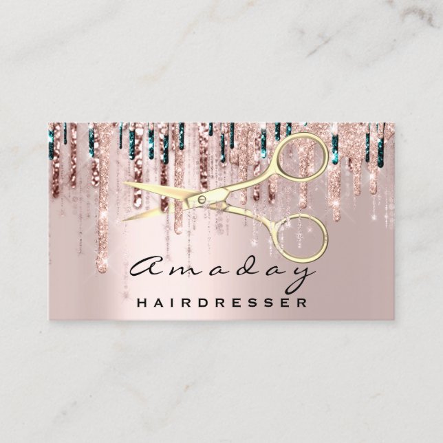Professional Hairdresser Golden Scissors Rose Drip Business Card (Front)