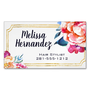Professional Hairstylist Hair Floral Pink Blue Business Card Magnet