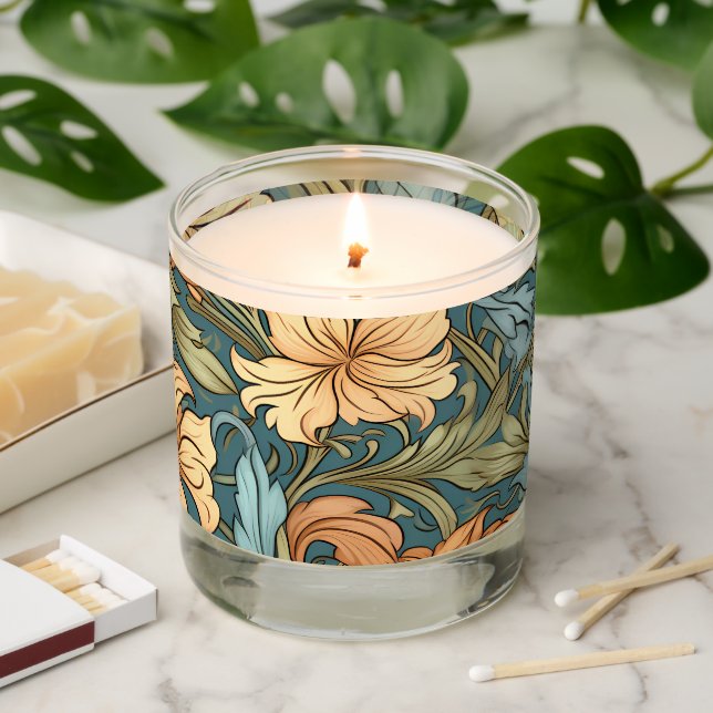 Professional hand drawn flower pattern Blue Scented Candle (Lit)