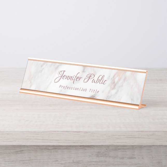 Professional Handwritten Script Elegant Rose Gold Desk Name Plate (Front)
