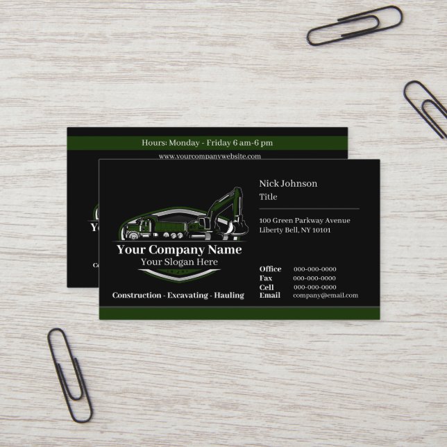Professional Heavy Equipment Construction Company  Business Card (Front/Back In Situ)