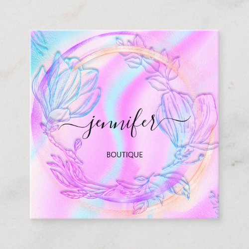 Professional Holograph Pink Floral QR Logo Blue Square Business Card