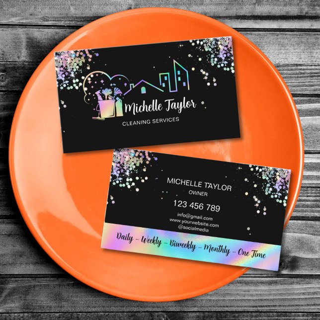 Professional House and Office Cleaning Services Business Card (Professional House and Office Cleaning Services Business Card with holographic glitter logo design)