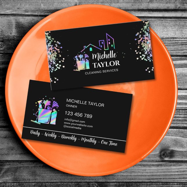 Professional House and Office Cleaning Services Business Card (Professional House and Office Cleaning Services Business Card with holographic cleaning tools logo)