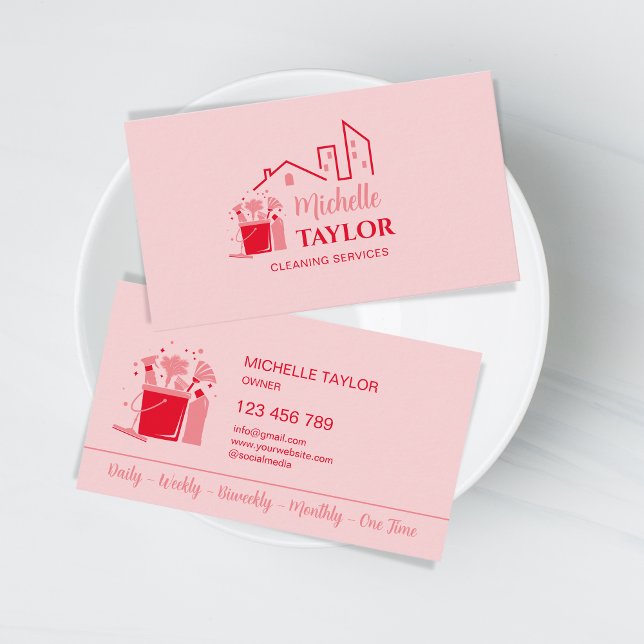 Professional House and Office Cleaning Services Business Card (pink and red cleaning tools)