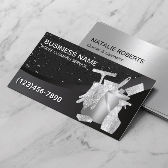 Professional House Cleaning Black Water Drops Business Card (Creator Uploaded)
