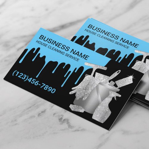 Professional House Cleaning Blue Water Drips Black Business Card