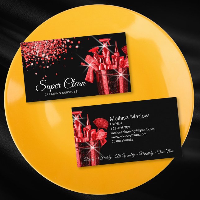Professional House Cleaning Housekeeping Business Card (red glitter and shiny cleaning tools in a bucket)