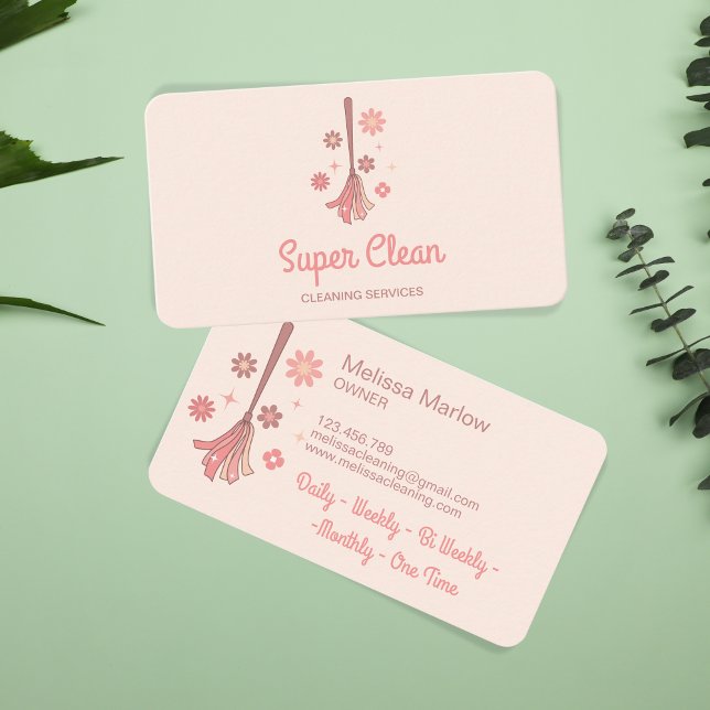 Professional House Cleaning Logo Retro Broom Business Card (Creator Uploaded)