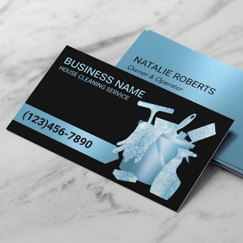 Professional House Cleaning Modern Blue Glitter Business Card