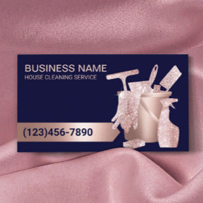 Professional House Cleaning Navy Blue & Rose Gold Business Card