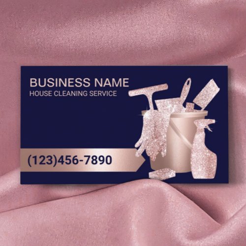 Professional House Cleaning Navy Blue  Rose Gold Business Card
