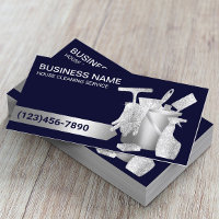 Professional House Cleaning Navy Blue & Silver Business Card