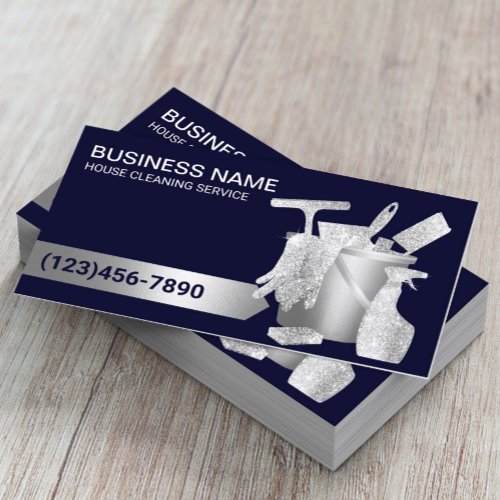 Professional House Cleaning Navy Blue  Silver Business Card