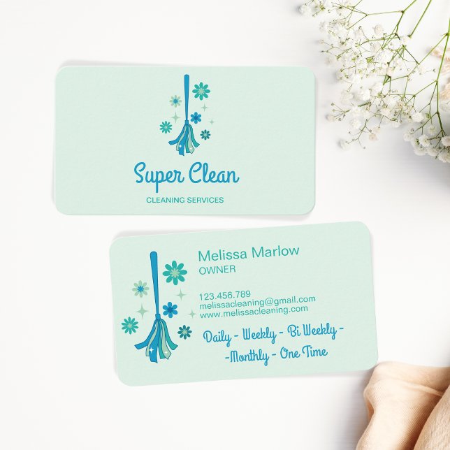 Professional House Cleaning Retro Broom Sparkle Business Card (Creator Uploaded)