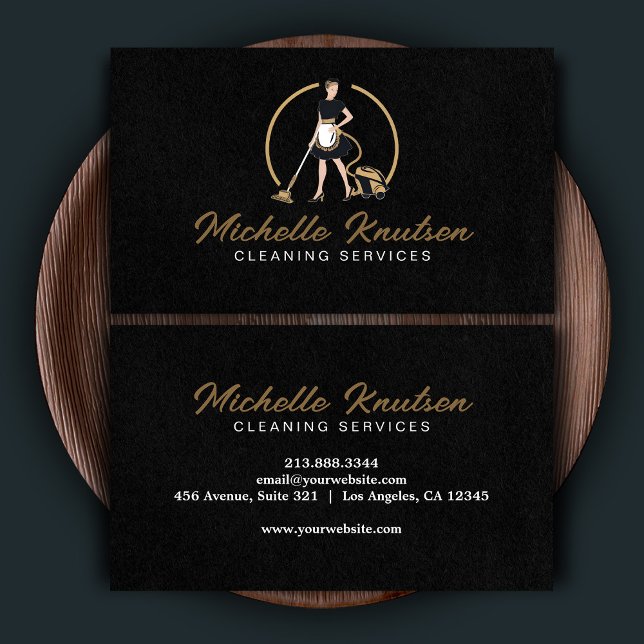 Professional House Cleaning Service black Gold  Business Card (Creator Uploaded)