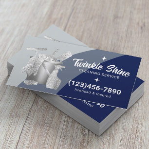 Professional House Cleaning Service Blue Silver Business Card