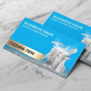 Professional House Cleaning Service Blue & Silver Business Card