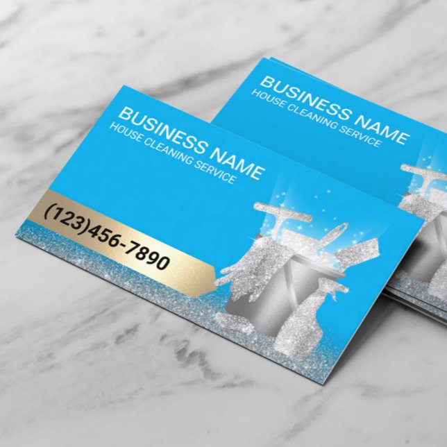 Professional House Cleaning Service Blue & Silver Business Card (Creator Uploaded)