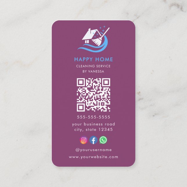 Professional House Cleaning Services Logo Qr Code Business Card (Back)