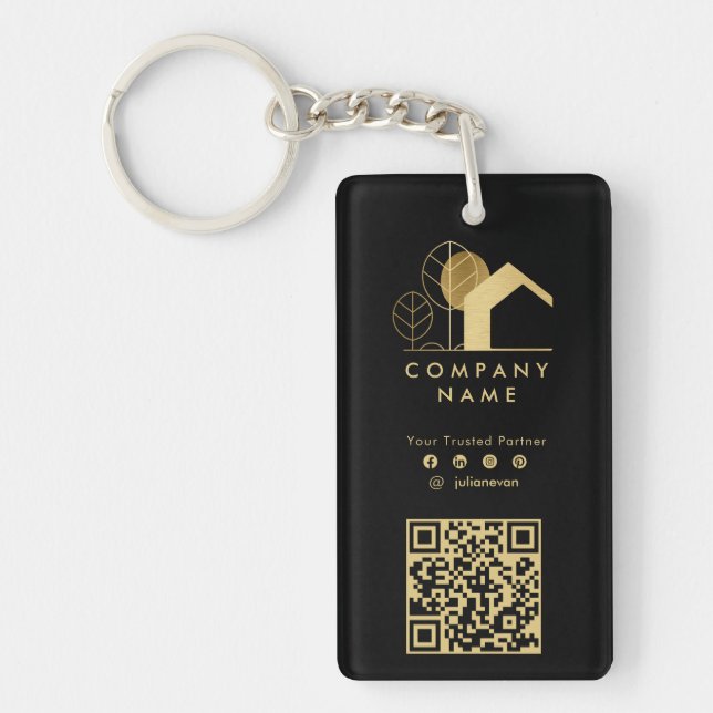 Professional House Logo Black and Gold Qr code Keychain (Front)