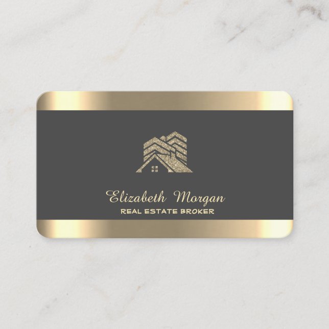 Professional House Roof Real Estate Gray Business Card (Front)
