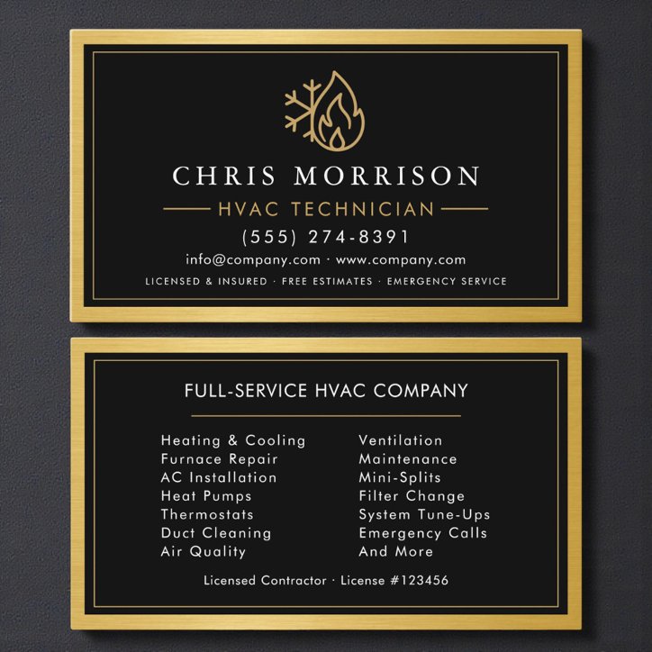 Professional Hvac Technician Gold Metallic Business Card