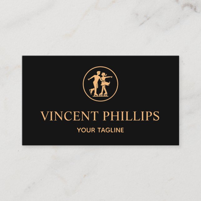 Professional Ice Skating Coach,Gold logo on Black Business Card (Front)
