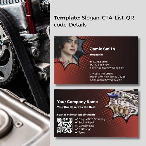Professional Image with a Red Automotive Mechanic Business Card