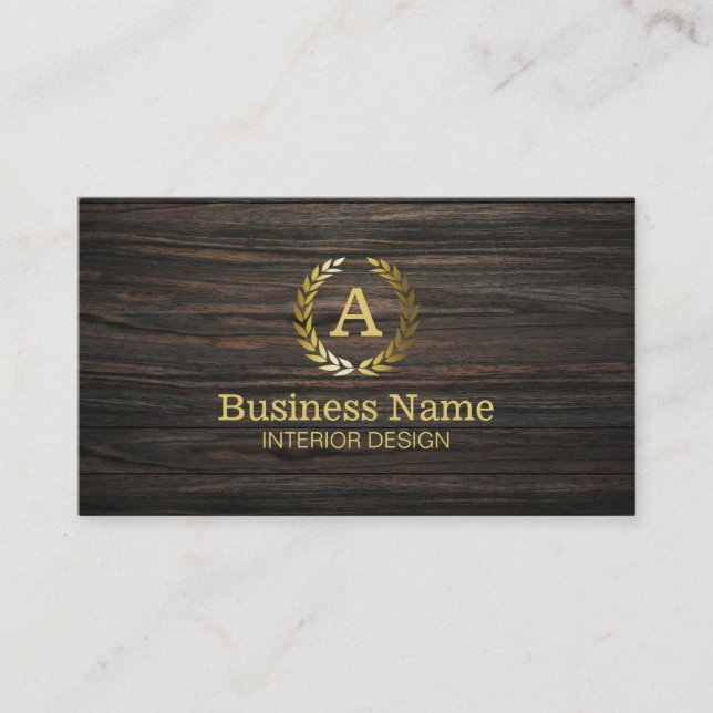 Professional Interior Design Gold Monogram Wood Business Card (Front)