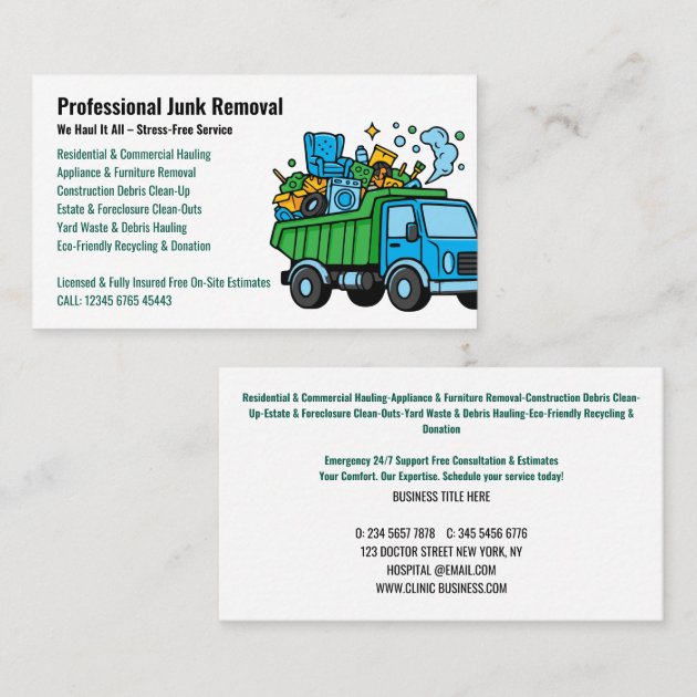 Professional Junk Removal & Hauling Services Business Card