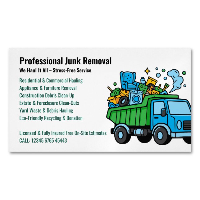 Professional Junk Removal Hauling Services Truck Business Card Magnet (Front)