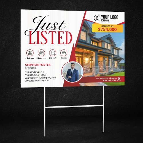 Professional Just Listed Real Estate Agent Broker  Sign